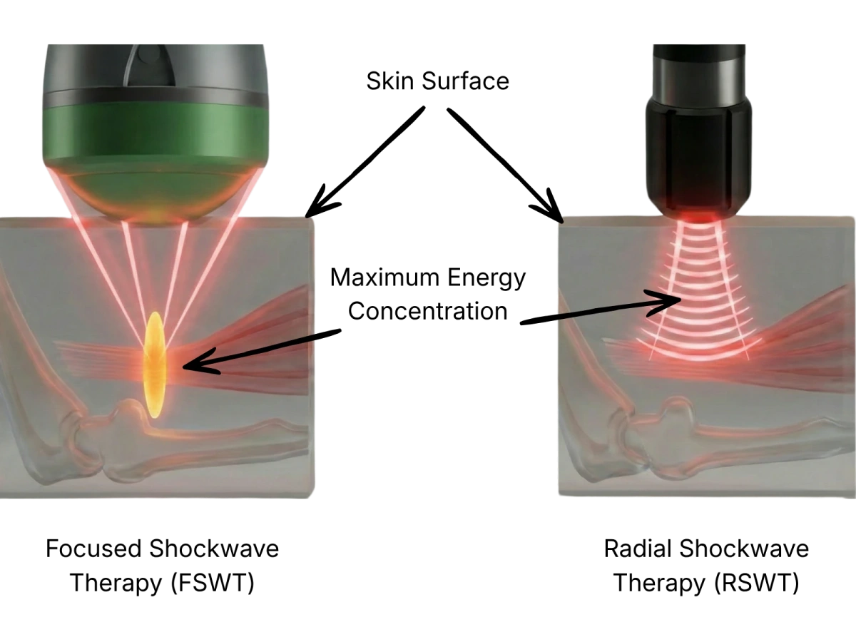 Le onde d'urto focalizzate raggiungono tessuti più profondi, mentre le onde radiali agiscono in modo più superficiale