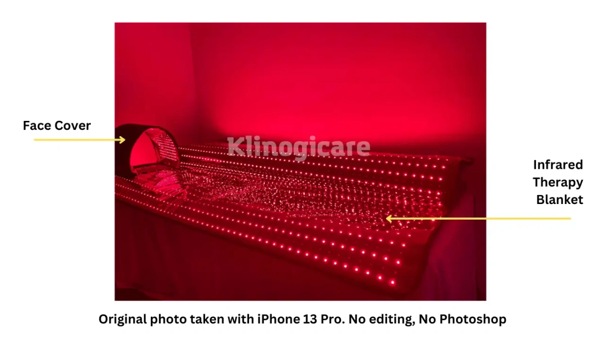 Foto reale della coperta a infrarossi Klinogicare&reg; RedWave Cocoon con pannello LED a luce rossa